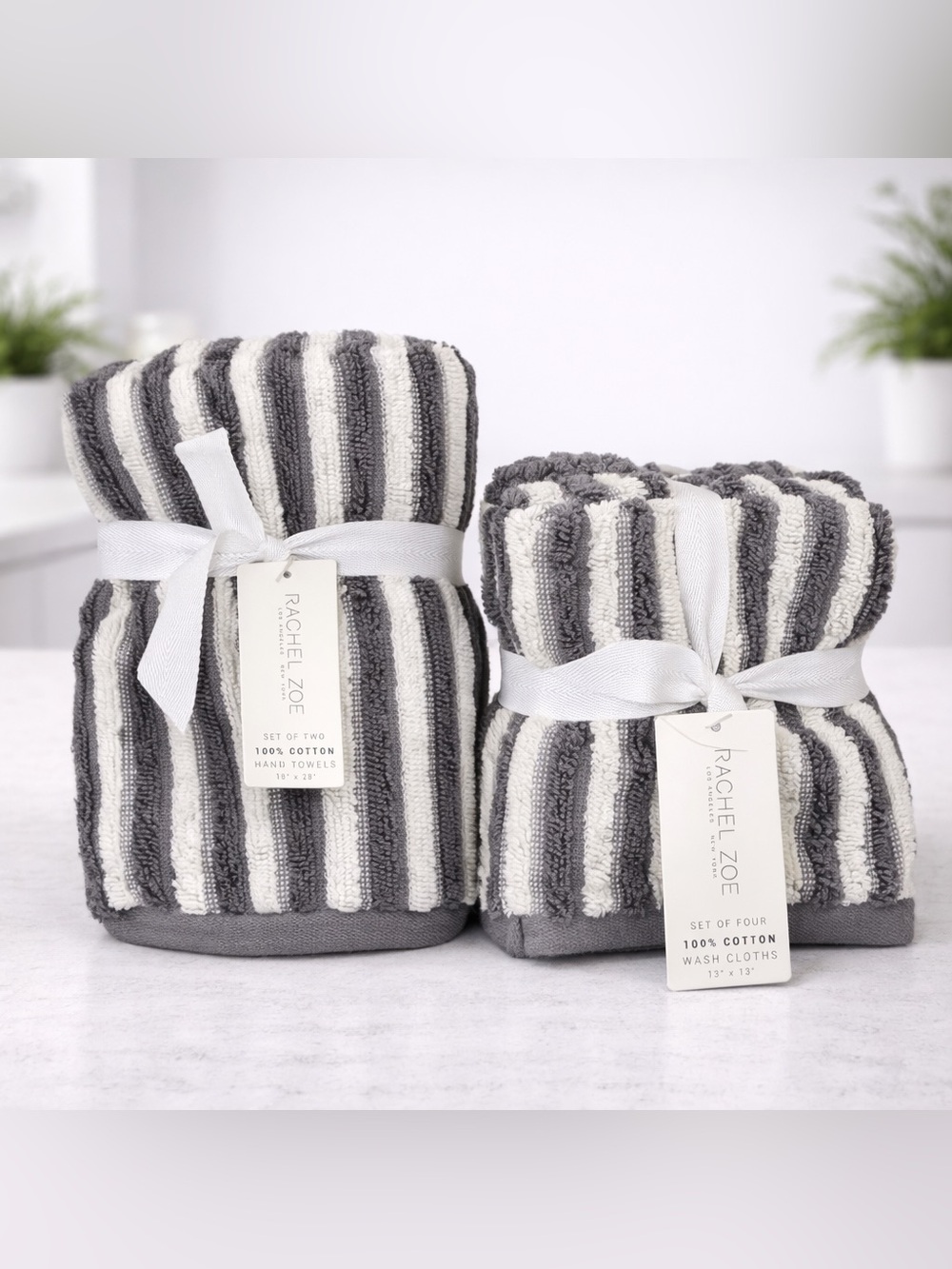 Rachel Zoe Grey & White Stripe 6-Piece Hand Towel & Washcloth Set 100% Cotton